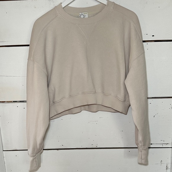 aerie Sweaters - Offline by Aerie Beige Cloud Fleece Cropped Crewneck Sweatshirt